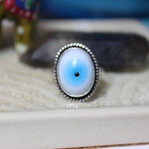 Turkish Handmade Evil Eye White & Blue Oval Sterling Silver Ring size 7